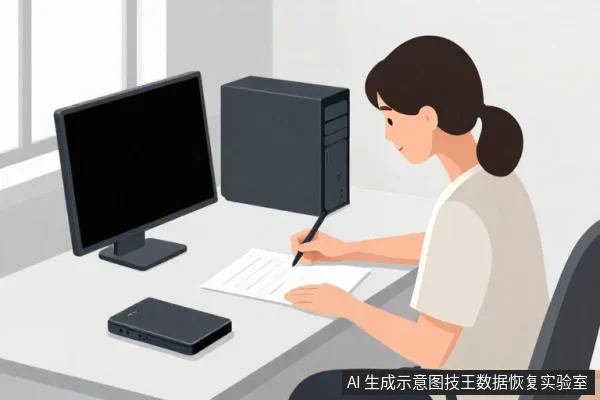 一名亚洲女性坐在桌前,用笔在纸上书写,桌上放有显示器、主机、外置硬盘和扩展坞。