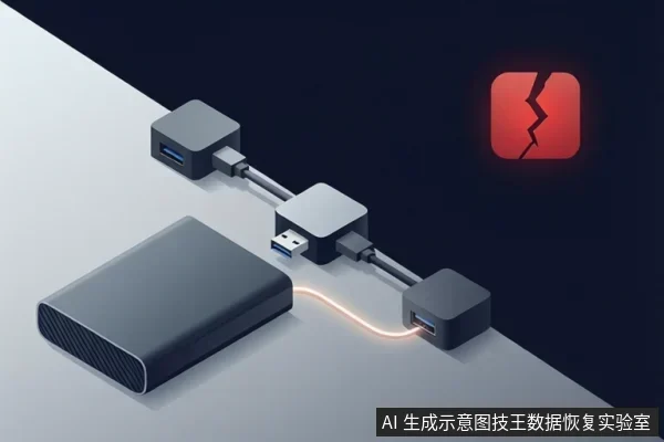 黑色移动硬盘平放于桌面,通过多段USB线缆与多个USB接口模块串联,其中一段线缆发出橙色光,右上角显示红色裂纹图标。