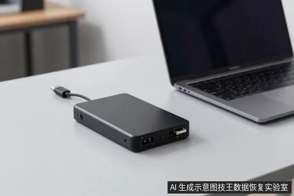 灰色桌面上放着一台银色笔记本电脑和一个黑色外置硬盘盒,硬盘盒通过线缆连接,旁边有USB插头。