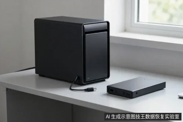 黑色外置硬盘盒与移动硬盘放在浅色桌面上,硬盘盒通过USB线连接,旁边有窗户。