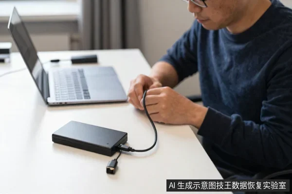 一名戴眼镜的亚洲男子坐在桌前，手持黑色数据线连接桌面上的黑色移动硬盘，旁边放着一台笔记本电脑。