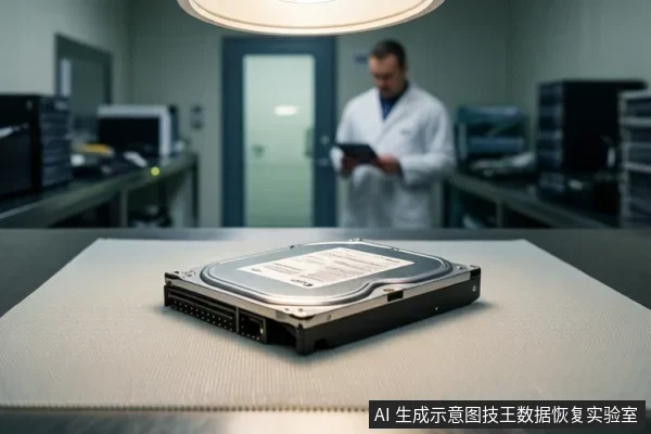实验室工作台上放置一块裸露的3.5英寸机械硬盘，背景中一名穿白大褂的技术人员手持平板查看数据。