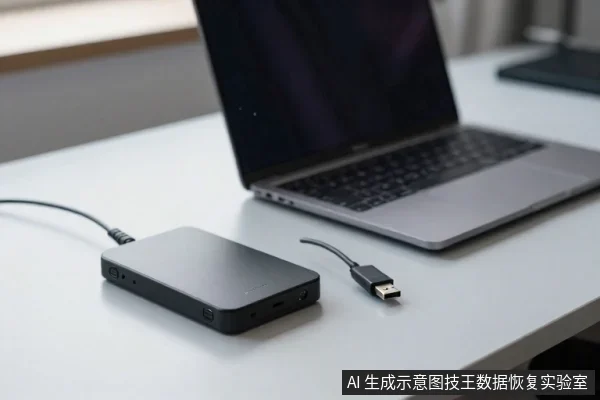 浅色桌面上放着一台银色笔记本电脑，旁边是一个黑色移动硬盘盒，连着一根数据线，另一根USB线放在旁边。