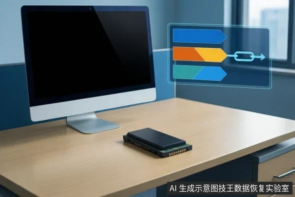 木桌上放着一台黑屏一体机和一块裸露的固态硬盘,右侧悬浮着带有箭头和连接符号的蓝色图标。