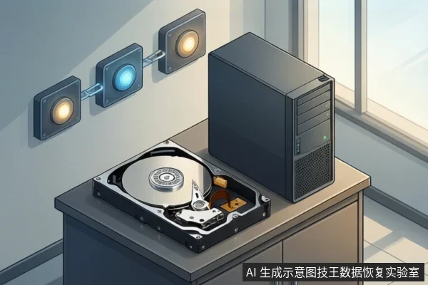 桌面上放置着一个开盖的机械硬盘和一台台式电脑主机，背景墙上带有发光的方块指示器。