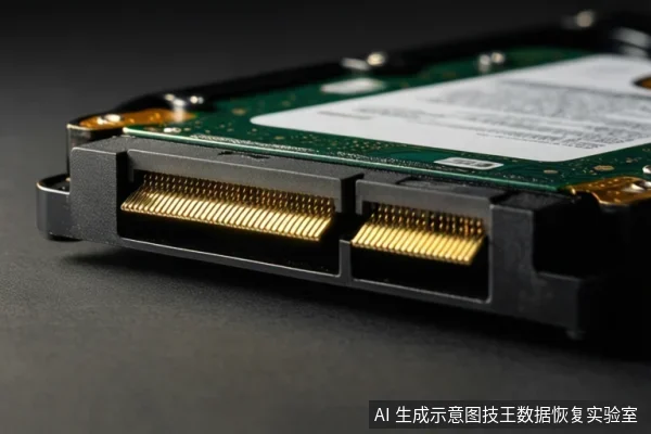 黑色背景上放置一块机械硬盘,画面聚焦于其接口端,可见绿色的电路板、白色标签以及两个并排的金色SATA数据与电源接口。