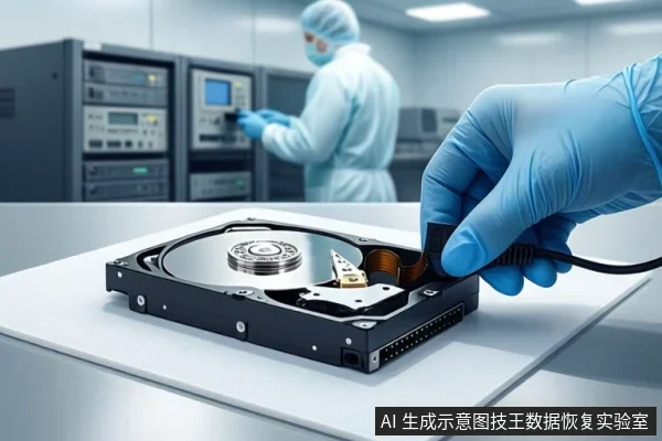 洁净室环境中,一只戴蓝色手套的手正在操作一块打开外壳的机械硬盘,背景有技术人员和检测设备。