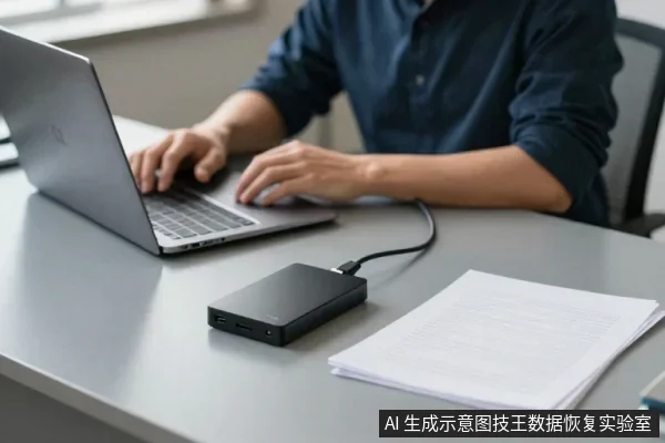 一名穿深蓝色衬衫的人坐在桌前使用银色笔记本电脑,桌面上放着一块黑色移动硬盘,通过线缆连接电脑,旁边有一叠白色纸张。