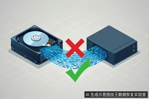 左侧为打开外壳的机械硬盘，右侧为黑色存储设备，中间有蓝色数据流连接，上方红色叉号，下方绿色对勾。