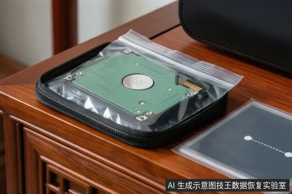木桌上黑色拉链收纳包内,透明自封袋封装着一块带金手指接口的硬盘电路板,旁边另有一袋黑色配件。