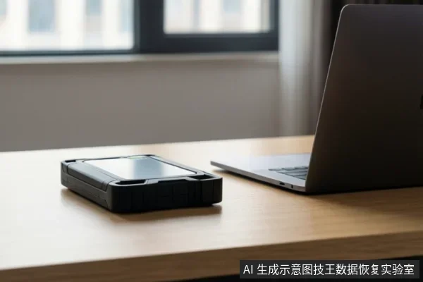 木质桌面上放着一台打开的笔记本电脑,旁边平放一个黑色加固外壳的移动硬盘,背景是虚化的窗户。