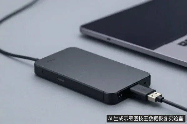 黑色移动硬盘平放在浅灰色桌面上，右侧USB接口插着数据线，背景有一台银色笔记本电脑。