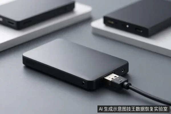 黑色移动硬盘平放在灰色桌面,USB数据线插在硬盘侧面接口,背景还有两块同款硬盘。