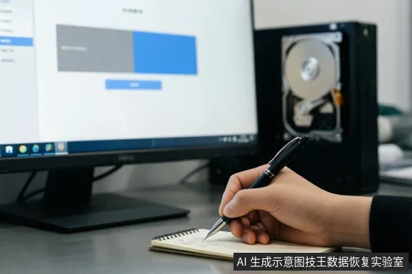 办公桌上有一台显示器，屏幕显示模糊的界面；右侧放置一块打开的机械硬盘，盘片与磁头组件可见。前景中一只亚洲成年人的手正握笔在笔记本上书写。