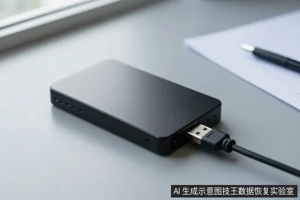 黑色外置硬盘平放在浅色桌面上，USB数据线插在硬盘接口上，旁边有纸张和笔。