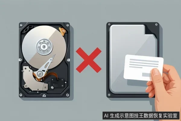 左侧为裸露机械硬盘,右侧为手持白色卡片靠近硬盘外壳,中间有红色叉号,表示禁止操作。