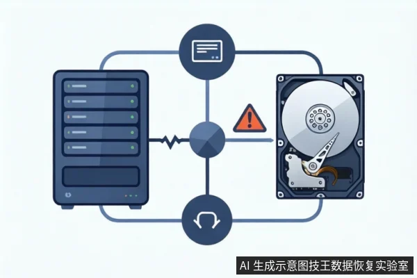 A server rack connects to a hard drive with a warning triangle and icons for logs and recovery.