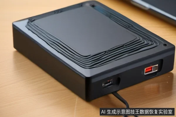 黑色外置硬盘盒平放在桌面上,侧面插着一根数据线,旁边可见笔记本电脑边缘。