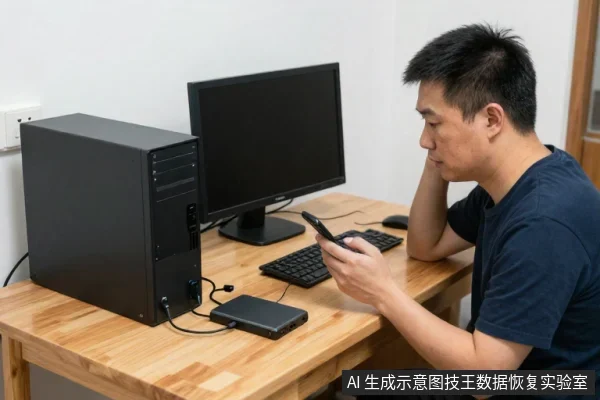 一名亚洲成年男子坐在木桌前,桌上放着黑色台式主机、显示器、键盘和移动硬盘,他正低头看手机。