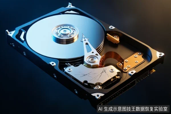 打开外壳的机械硬盘内部结构，可见金属盘片、中心主轴、磁头臂组件及右侧线圈与固定螺丝。