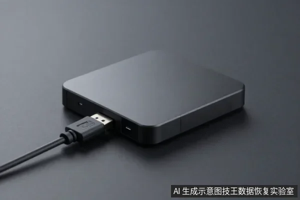 深灰色桌面上放置一块黑色方形外置硬盘，侧面USB接口插着黑色数据线，硬盘表面无文字。