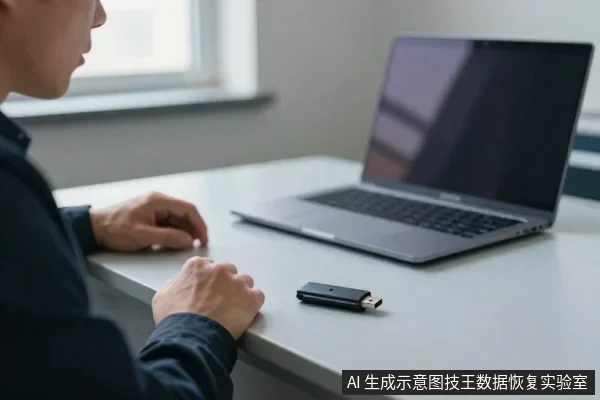 一名亚洲男性坐在桌前,面前放着一台笔记本电脑和一个黑色U盘,他正低头看向桌面。