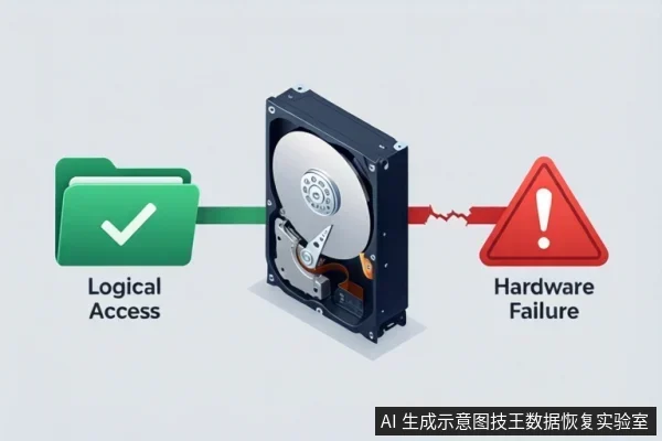 画面中央为打开的机械硬盘，左侧绿色文件夹带对勾并标注Logical Access，右侧红色警告三角标注Hardware Failure，中间连接线断裂。