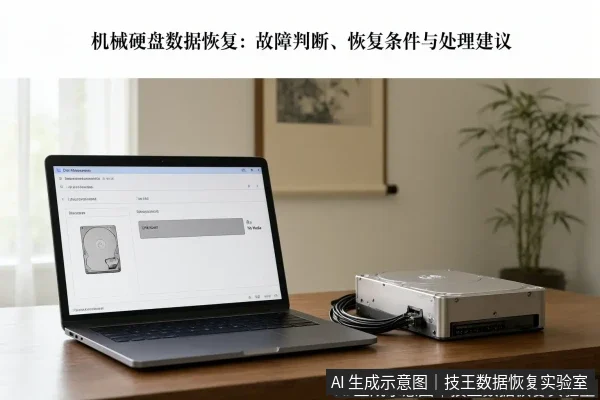 文章内容场景示意图：机械硬盘数据恢复：故障判断、恢复条件与处理建议