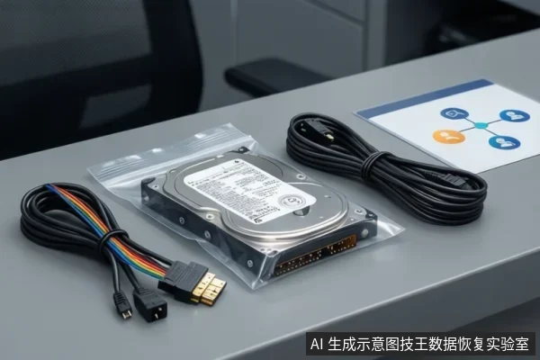 灰色桌面上放着一个装在防静电袋里的闭合机械硬盘，左侧是SATA数据线和电源线，右侧是一卷黑色USB线，右上角有一张带咨询图标的纸。