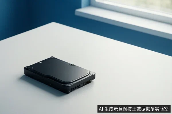 白色桌面上放置一个黑色机械硬盘，背景为蓝色墙面和窗台，无文字或操作动作。