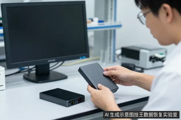 一名戴眼镜的亚洲男子在实验室桌面上双手持黑色移动硬盘,旁边放有另一块硬盘和显示器。