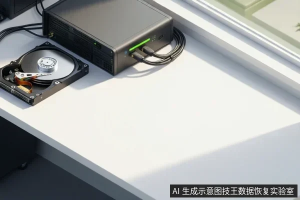 白色桌面上放置一台深灰色外接硬盘盒,旁边平放一块裸露机械硬盘,硬盘盒后部连接多根线缆,绿色指示灯亮起。