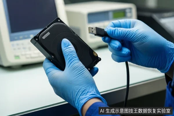 戴蓝色手套的双手在实验台上持握一块黑色硬盘,另一只手拿着USB连接线,背景有模糊的检测设备。