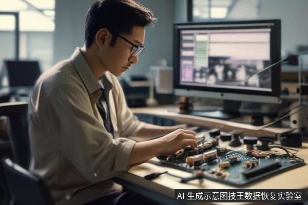 一名戴眼镜的男子坐在桌前，双手在一块布满元件的电路板上操作，背景显示器显示检测界面。