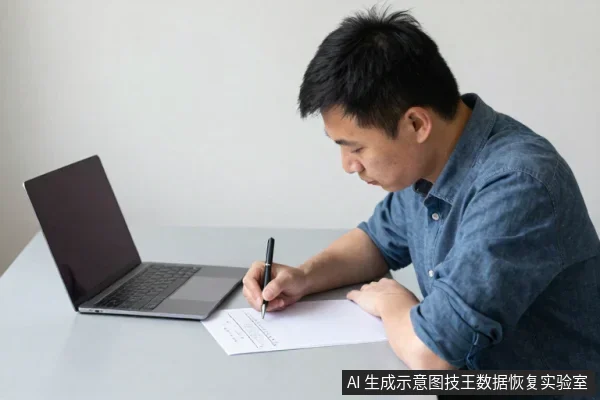一名亚洲男性坐在浅色桌前,用笔在纸上书写,旁边放着一台打开的黑色笔记本电脑。