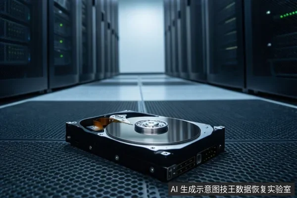 数据中心机房通道地面上放置一块打开的机械硬盘,可见盘片、磁头臂和接口,背景为成排服务器机柜。