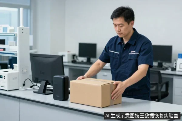 一名穿深蓝色工装的亚洲男子站在实验室台前，双手扶着一个封好的纸箱，旁边有显示器和黑色存储设备。
