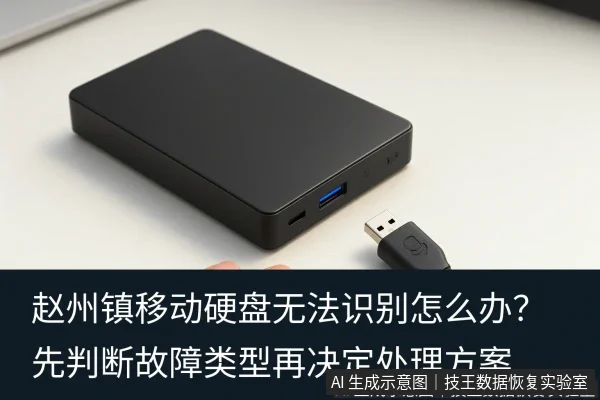 文章内容场景示意图:赵州镇移动硬盘无法识别怎么办?先判断故障类型再决定处理方案