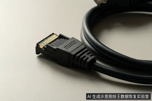 一根黑色SATA数据线的接口端特写,接口金属针脚清晰可见,线缆盘绕在浅色桌面上。