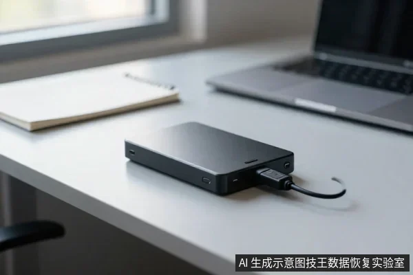 浅色桌面上放着一块黑色外置硬盘,通过USB线连接,旁边有笔记本电脑和笔记本,窗外透入自然光。