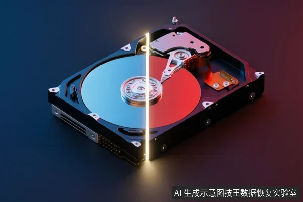 一块打开外壳的机械硬盘,盘片被一道垂直发光线分为蓝红两半,磁头臂停在盘片上方,背景为深色渐变。