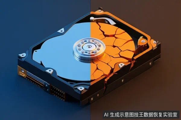 一块机械硬盘斜放在深色背景上,盘体被分为两半:左侧为蓝色正常盘片,右侧为橙色开裂盘片,中央主轴清晰可见。