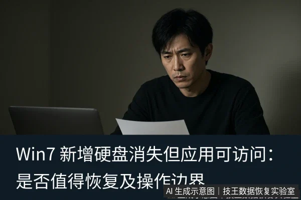 文章内容场景示意图:Win7 新增硬盘消失但应用可访问:是否值得恢复及操作边界