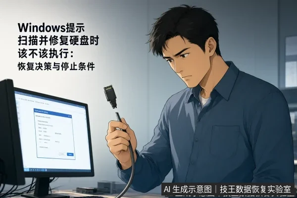 文章内容场景示意图：Windows提示扫描并修复硬盘时该不该执行：恢复决策与停止条件