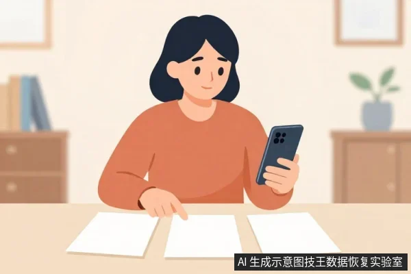 一名亚洲女性坐在桌前，右手持安卓手机，左手放在桌面的白纸上。