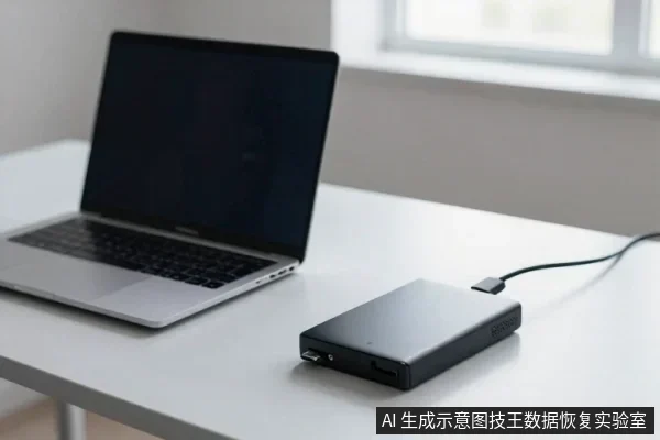 银色笔记本电脑与黑色移动硬盘置于白色桌面，USB线连接硬盘与电脑