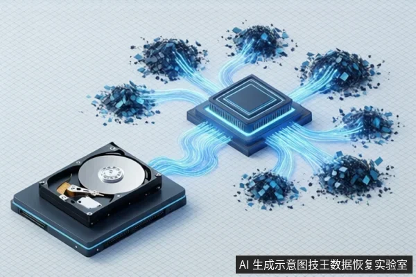 画面左侧为打开的机械硬盘,右侧为芯片,蓝色光线从芯片连接至多个由蓝色方块组成的数据簇,示意数据分散与读取过程。