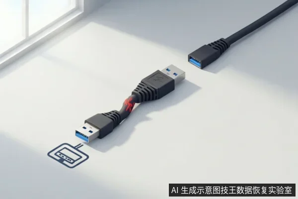 A black USB cable with blue connectors lies on a white surface next to a USB port icon.