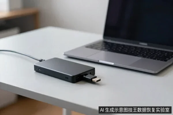灰色桌面上放着一台银色笔记本电脑和一个黑色外置硬盘盒,硬盘盒通过线缆连接,侧面插有一个USB插头。