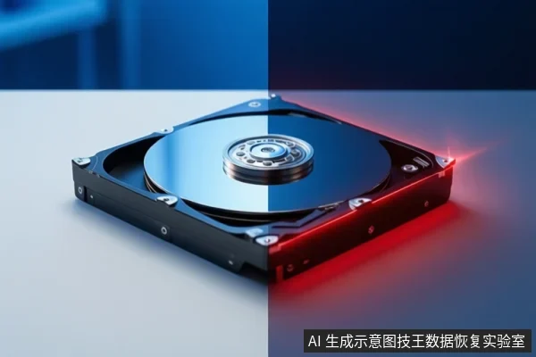 画面中央为打开外壳的机械硬盘，背景被竖线分为蓝色与红色两部分，右侧硬盘边缘有红色光效。